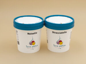 Glaces petits pots, noisette et stracciatella. Terre adélice